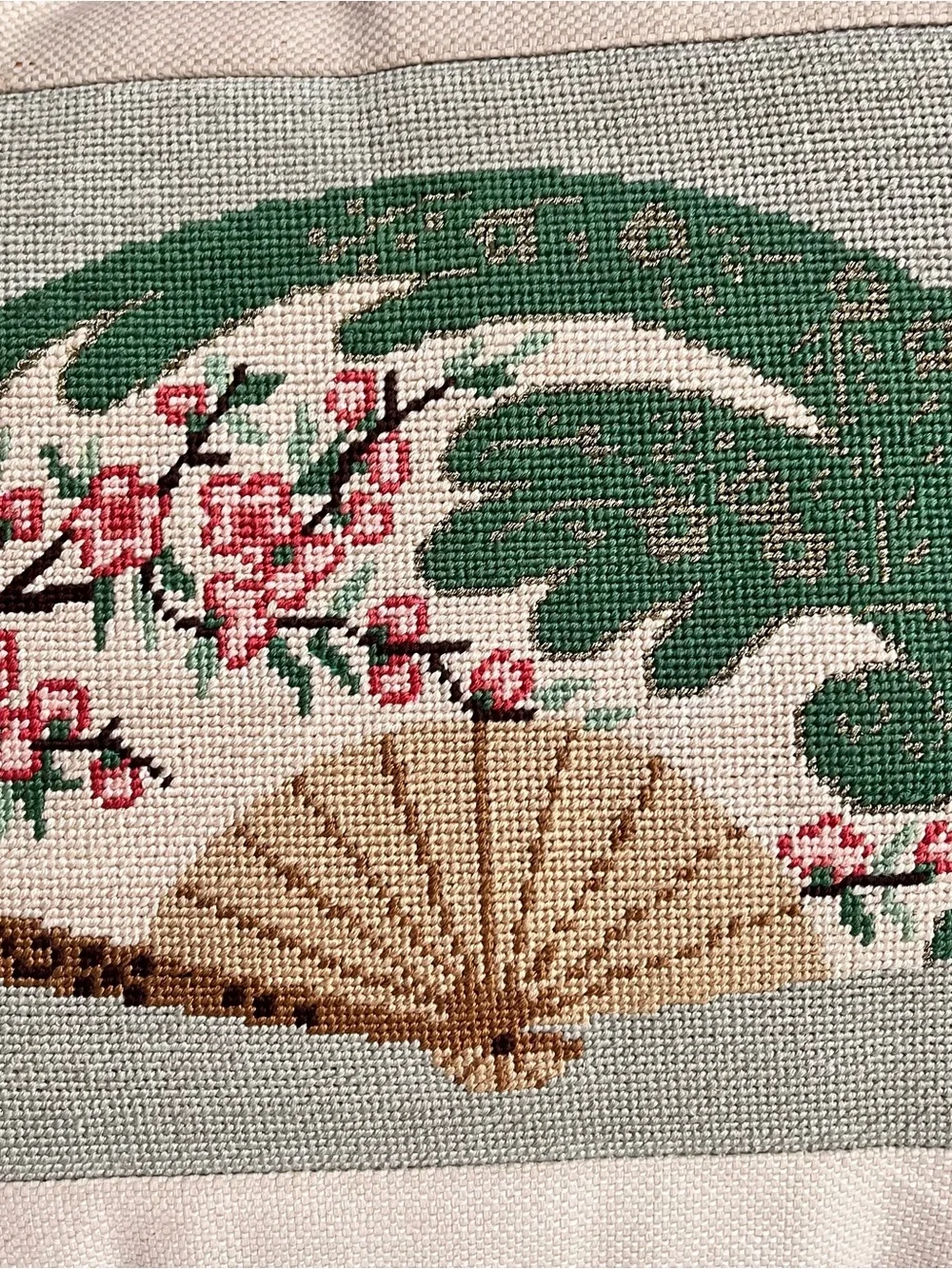 Vintage needlepoint pillow Japanese fan cherry blossom motif